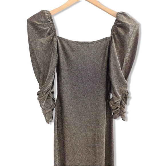 Reformation Rahm Ruched Puff Sleeve Midi Dress in Bronze Sparkle | Size XS - Picture 11 of 16